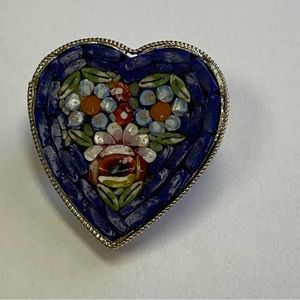 ITALY BROOCH PIN HEART SHAPE VENETIAN MOSAIC SILVER TONE BLUE FLORAL RED GREEN
